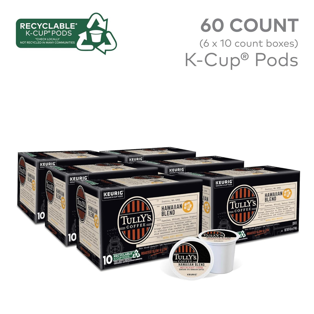 Tully's Coffee Hawaiian Blend K-Cup Pods - Medium Roast, 60 Count (6 Packs of 10)