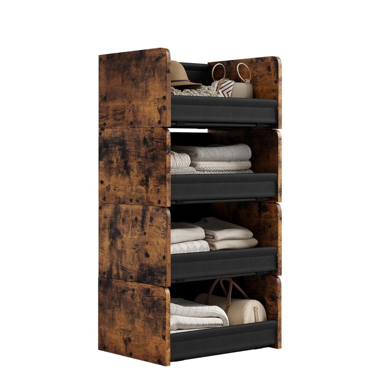 FOUCSSOMEI Closet Organizer and Storage, 4 Tier Stackable Storage Organizer, Wooden & Metal Closet Shelves, Modular Clothes Organizer, Storage Shelf, Bedroom & Closet Organization, Patent Design