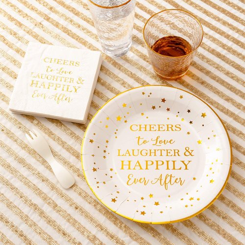 Crisky 50 Counts Cheers to Love Gold Plates for Bridal Shower, Wedding, Engagement, Bachelorett Party Decorations, Dessert, Buffet, Cake Disposable Plates Party Supples, 9" Plate