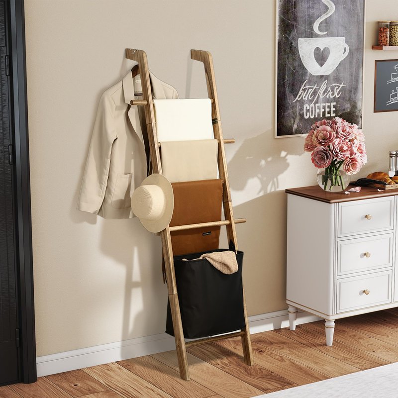 67-Inch Farmhouse Blanket Ladder with Basket, Rustic Wooden Display Ladder for Throws, Blankets, Quilts & Towels, Sturdy Wall Leaning Decorative Storage Rack for Bedroom, Living Room and Bathroom