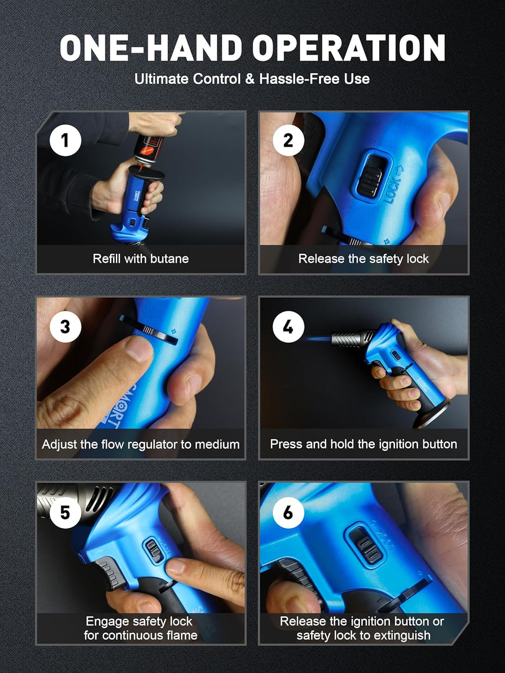 SMART JERRY Mini Torch Gun - Windproof Butane Lighter with Safety Lock | Adjustable 1500℃ Flame for Cooking, BBQ, and Soldering