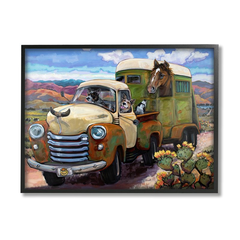 Stupell Industries Dogs Driving Vintage Rustic Truck with Horse Trolley, Design by CR Townsend Black Framed Wall Art, 20 x 16, Blue