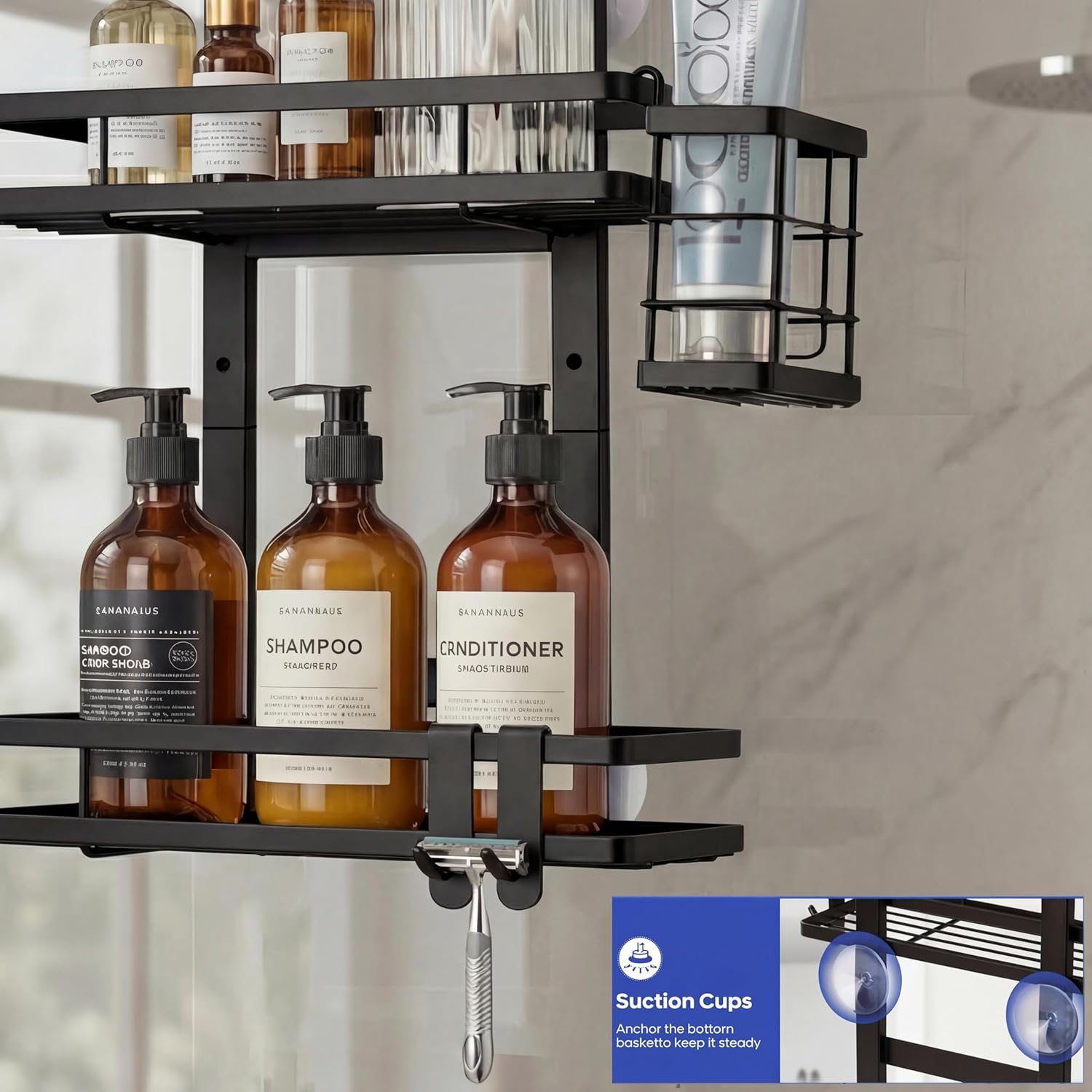 Skiennix Over The Door Shower Caddy - Rustproof 2-Tier Bathroom Organizer with Waterproof Phone Pouch | Black