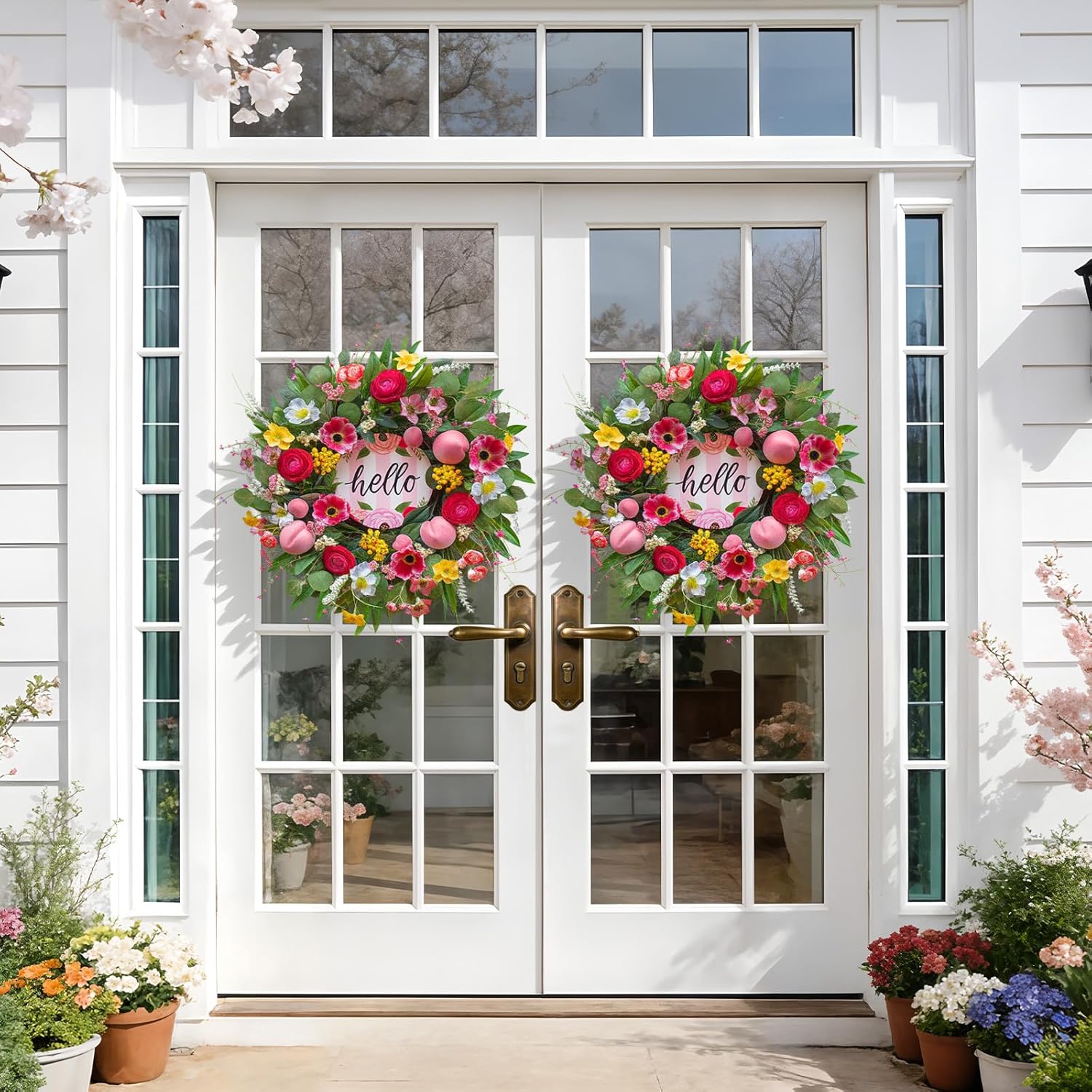 Spring Wreaths - 24 Inch Artificial Summer Wreath with Pink Roses, Cherry Blossom & Berries | Hello Sign for Indoor/Outdoor Farmhouse Decor