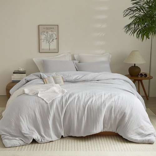 PHF Cotton Muslin Comforter Set King Size, Breathable Lightweight Super Soft Bedding Sets for All Season,3 Pieces, 1 Comfy Comforter (104"x90"),2 Pillow Shams(20"x36"), Light Grey