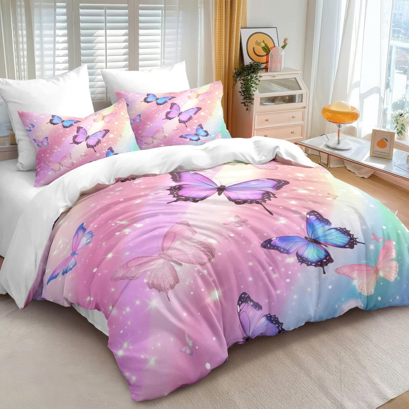 CCoutueChen Gradient Rainbow Comforter Set Queen Girls Kids, 3pcs Sparkling Butterfly Soft Bedding Set with 2 Pillowcases (90" X 90")
