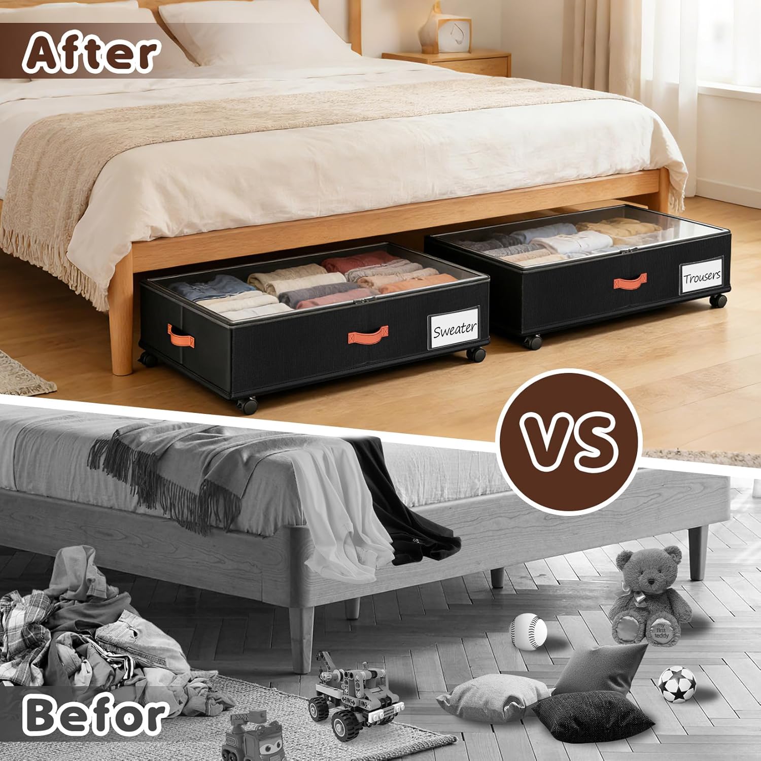 Under Bed Storage Containers by [Brand Name] - 66L Rolling Drawers with Clear Lids | 2-Pack for Clothes & Shoes (30” L x 16.2” W x 7.5” H)