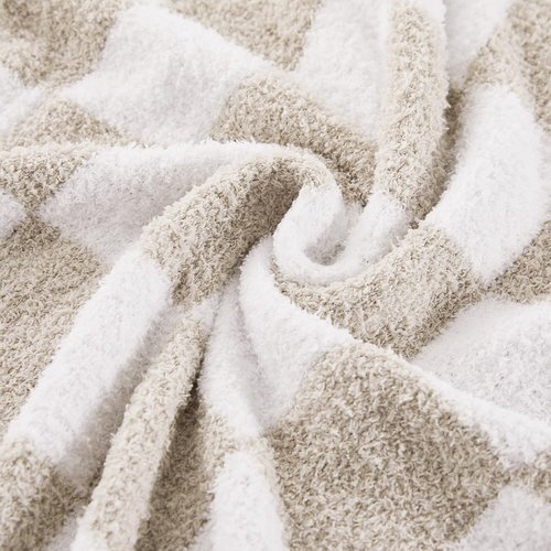 Cozzenity Checkered Throw Blanket, Taupe Soft Cozy Fluffy Knitted Throw Blankets for Couch, Sofa, Bed, Chair, Warm Fuzzy Travel Picnic Lightweight Plaid Blanket, 50x70 inches
