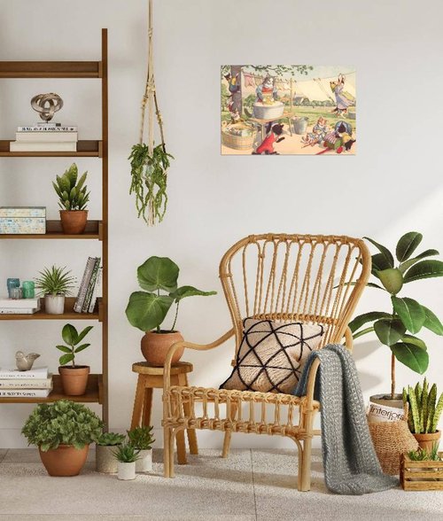 ART.COM Wall Art Prints Cats on Laundry Day, Animals Decor, 36" x 24"