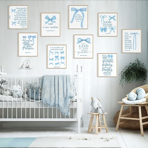 Chiisong 9 Pcs Blue Bow Wall Art Decor - Inspirational Christian Scripture Prints | 14 x 11'' Unframed Set for Living Room & Bedroom