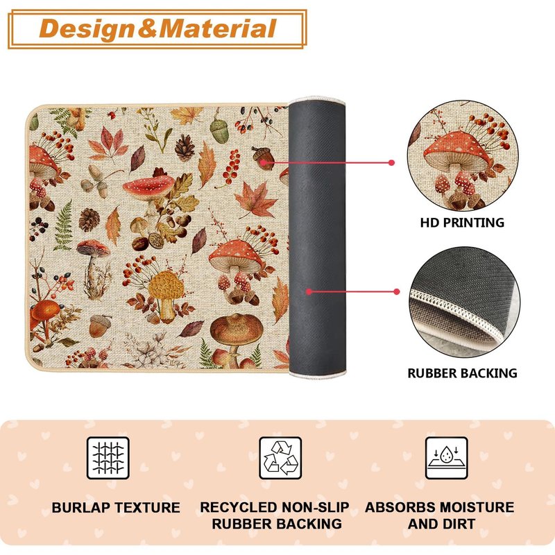 Baccessor Mushroom Fall Kitchen Mats Set of 2, Autumn Kitchen Rugs for Floor Low-Profile Farmhouse Fall Thanksgiving Home Decor 17x29 and 17x47 Inch