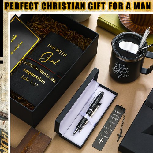 Shellwei 6 Pcs Valentine's Day Christian Gifts 17 oz Christian Coffee Mugs Leather Bible Notebook Religious Pen Metal Bookmark Greeting Card Box Present for Valentine's Pastors Gifts(Black)