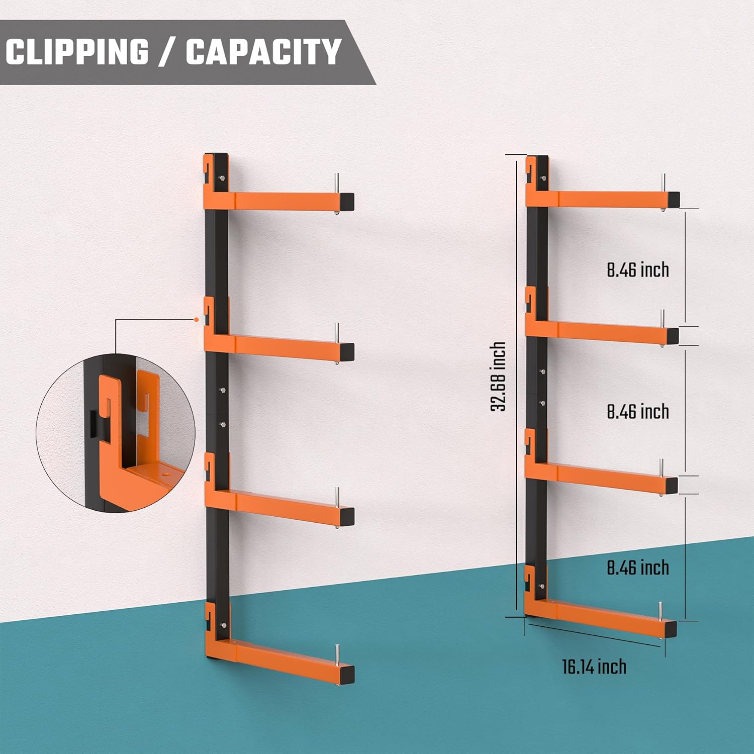 Snap-Fit Lumber Storage Rack | Heavy-Duty Metal Wall Mount - 8 Levels, 32 Inch Capacity
