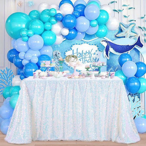 MoKoHouse Iridescent Tablecloth 52x120 inch White Sequin Table Cloth Glitter Table Cover Birthday Wedding Baby Shower Christmas Halloween Mermaid Ocean Theme Party Decoration