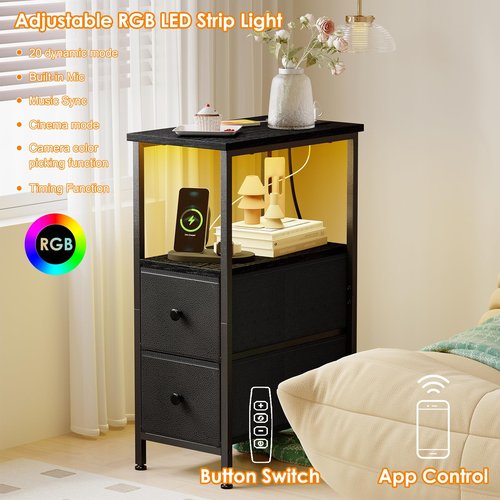 Fixwal Narrow Side Table with Charging Station and LED Light, Skinny Nightstand with 2 Fabric Drawers, Slim End Table for Bedroom, Dorm, Small Space, Black