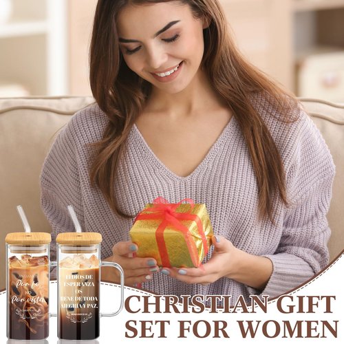 Sunnychicc 10 Pcs Christian Glass Cup with Handle Lid Straw Brush and Sleeve 13.5oz Bible Verse Coffee Cup Inspirational Religious Tumbler Gift for Women Men Employee Office(Spanish)