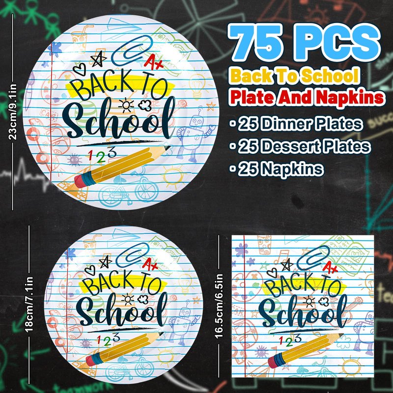 Whaline 75Pcs Back to School Tableware Set Homework Pencil Prints Disposable Dinnerware Set 50Pcs Paper Plates 25Pcs Lunch Napkins for First Day of School Party Supplies Decorations