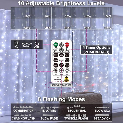 HXWEIYE 300LED Fairy Curtain Lights - 9.8x9.8Ft USB Plug-In with 8 Modes & Remote | White Indoor Decor