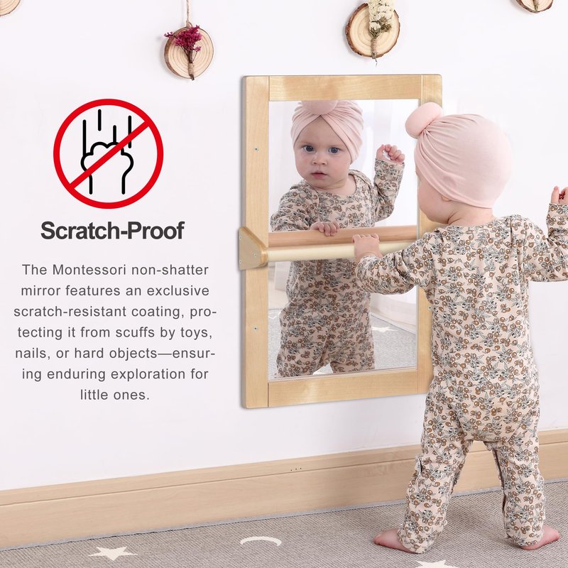 KRAND Baby Montessori Wooden Frame Non-Shatter Safety Mirror w/ 2 Pull Up Bars, Infant Coordination Small Mirror for 6-18 Months (Natural)