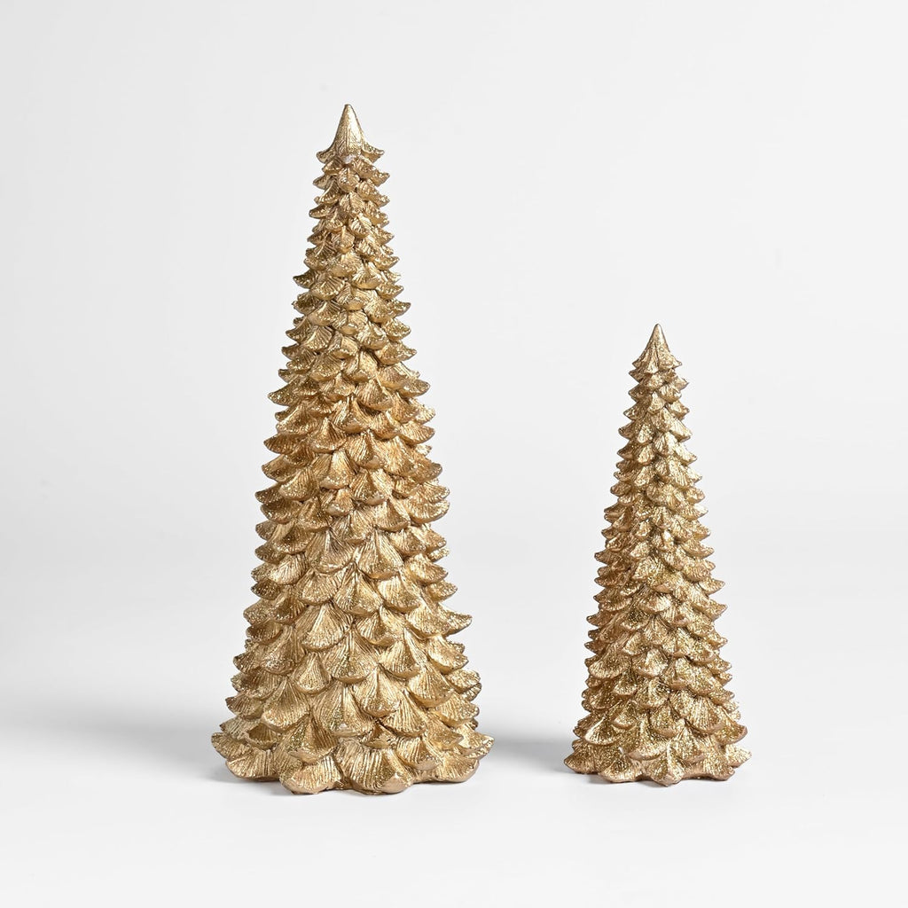 AOMOONOA Gold Christmas Tree Figurines - 2Pcs Resin Glitter Tabletop Decor | Small Xmas Trees for Home