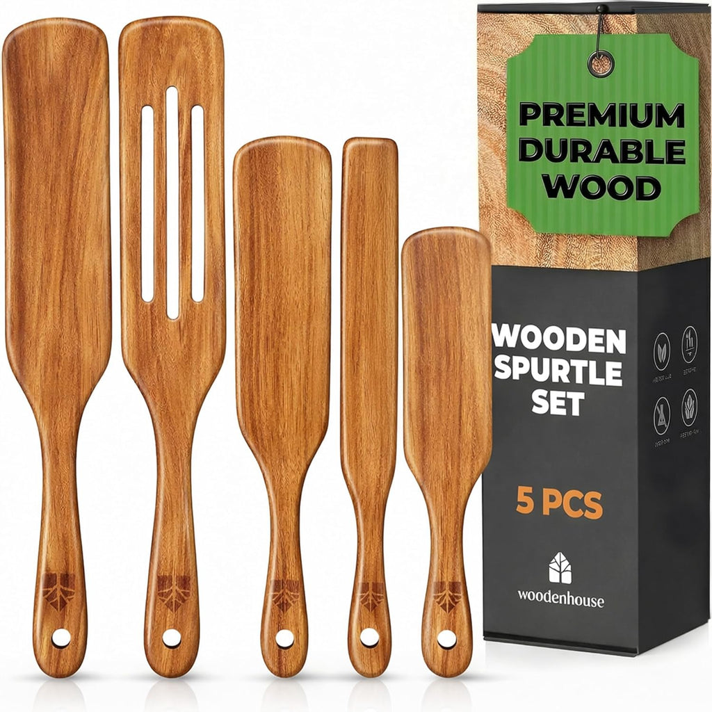 Woodenhouse Teak Spurtle Set of 5 - Non-Stick Kitchen Tools for Serving, Stirring & Mixing