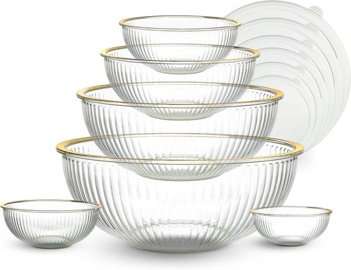 Cook With Color 12-Pc Glass Mixing Bowl Set - Borosilicate Nesting Bowls with Lids & Gold Rim