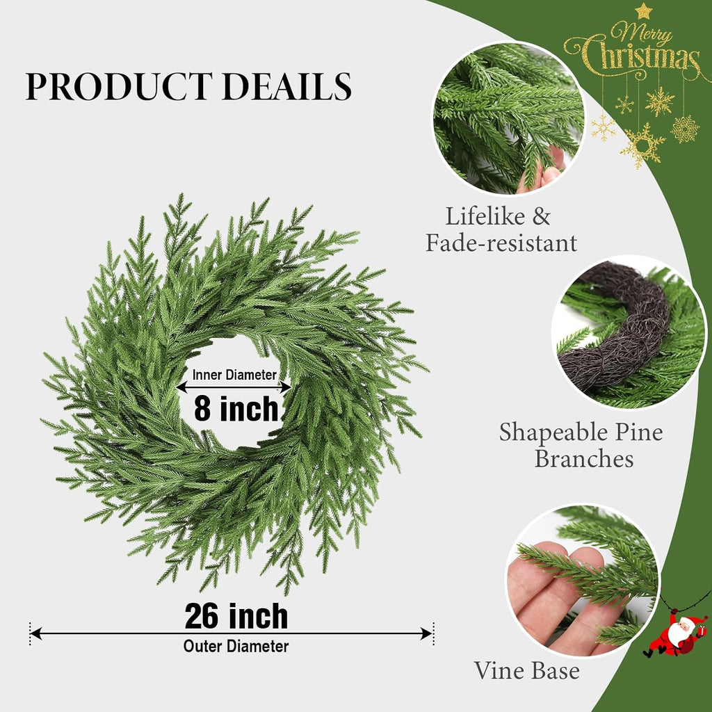 Regine Switzerland 26-Inch Artificial Norfolk Pine Wreath - Real Touch Greenery for Year-Round Home Decor