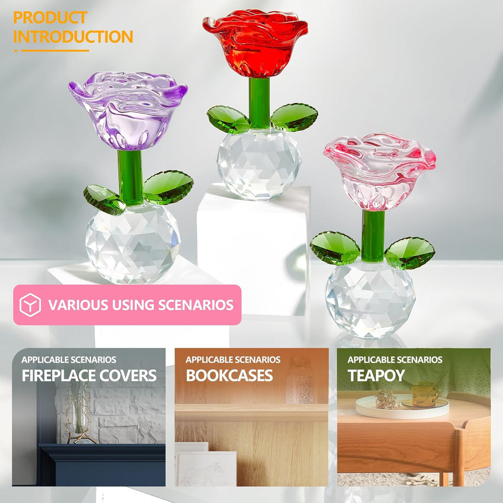 Skiennix Crystal Glass Rose Flowers Figurines - Colorful Blown Glass Centerpieces for Home & Office | 3.5in