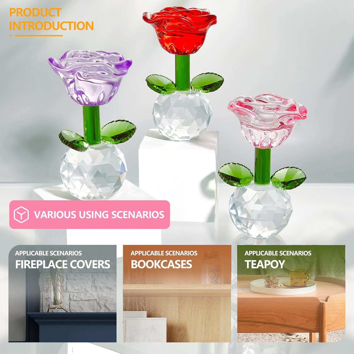 Skiennix Crystal Glass Rose Flowers Figurines - Colorful Blown Glass Centerpieces for Home & Office | 3.5in
