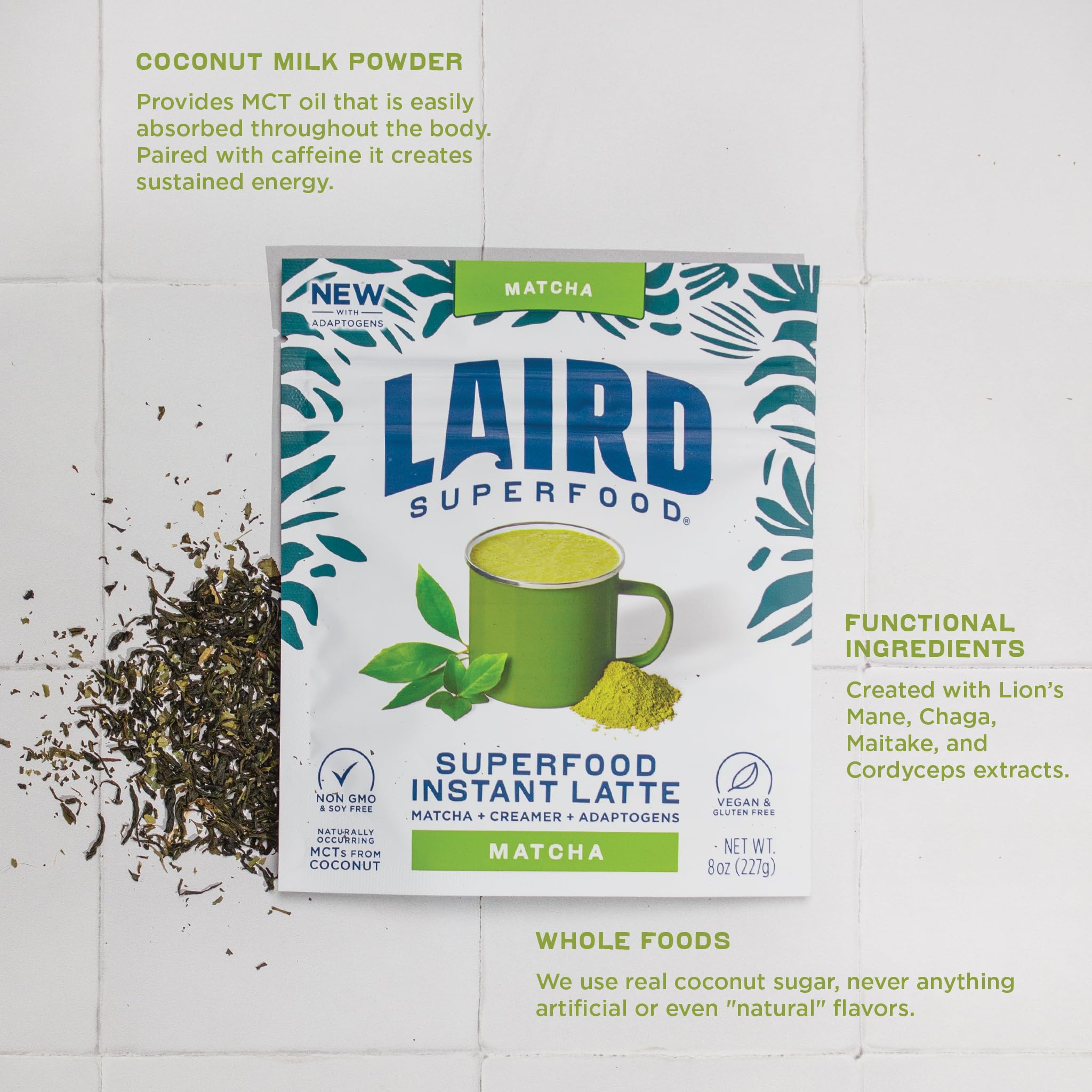 Laird Superfood Matcha Instant Latte with Adaptogens - Matcha Latte Green Tea Powder Packed with Antioxidants and Superfood Coconut Creamer - Gluten Free, Non-GMO, Vegan, 8 oz. Bag, Pack of 1