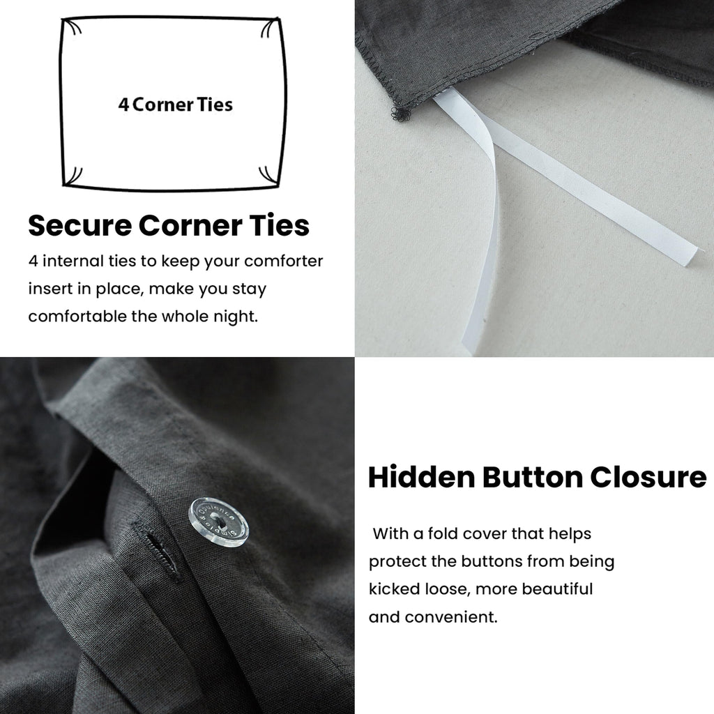 FALUCA French Linen Duvet Cover Set 3-Piece Queen (88"x92") - Soft & Comfortable Linen-Cotton Blend, Breathable Farmhouse Bedding for All Seasons& Luxury Home Decor, Dark Grey/Charcoal