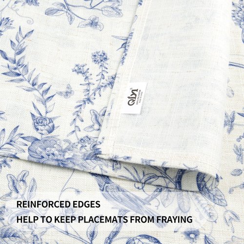 QIYI Boho Placemats Set of 4, 12x18 Inch Linen Fabric Place Mats for Kitchen Dinning, Farmhouse Rustic Floral Cloth Table Mats, Washable Placemat Botanical Party Table Décor, Blue Garden