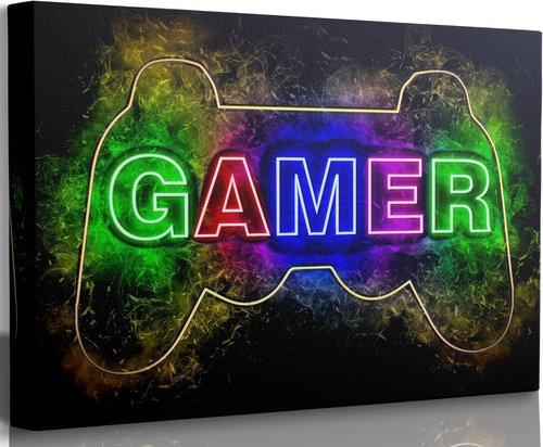 Cool Gaming Canvas Wall Art - Colorful Neon Gamepad Poster for Teen Boys' Room | 12 x 16 Inch
