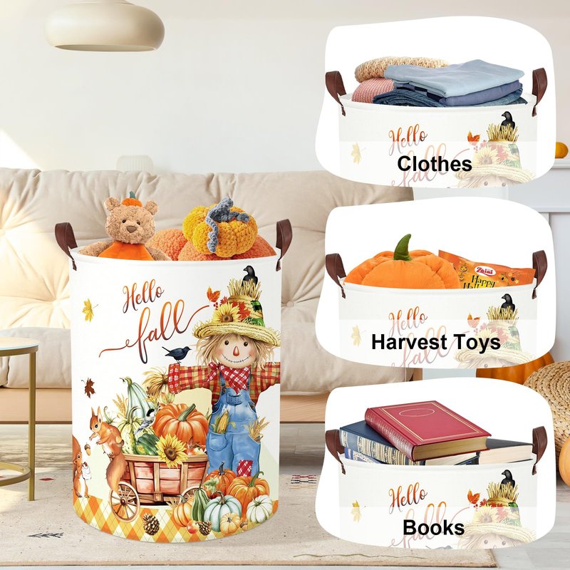 HUUMONSS Happy Thanksgiving Baby Storage Basket Pumpkin Maple Leaf Collapsible Clothes Kids Laundry Hamper Large Boys Girls Gift Toy Box Bin for Nursery Room,Scarecrow,40*50 cm