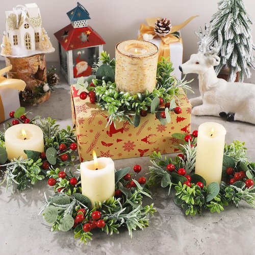 Daifunli Mini Wreaths - 8 Inch Christmas Candle Rings with Red Berries & Eucalyptus | Perfect for Home Decor