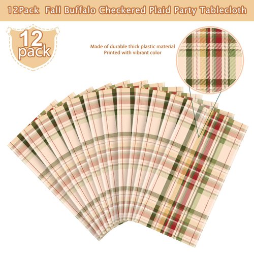 12Pack Fall Buffalo Checkered Plaid Table Covers, Plastic Give Thanks Buffalo Checkered Plaid Tablecloth Backdrop for Autumn Thanksgiving Birthday Baby Shower Friends Giving Party Supplies,54x108inch
