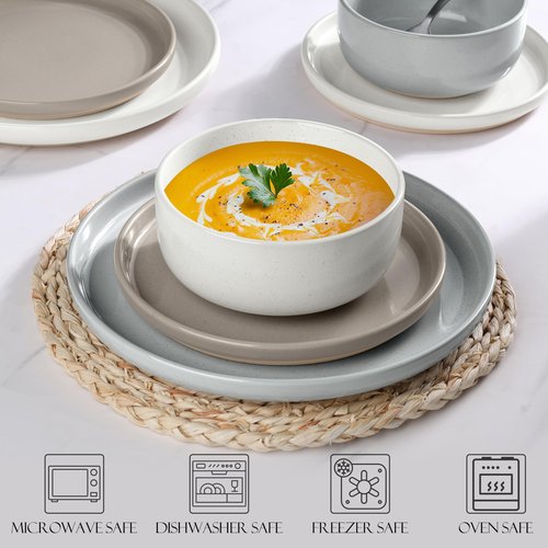 LIANYU Plates and Bowls Dish Sets for 4, 12PCS Stoneware Dinnerware Set, Speckled Dishware Includes Dinner Salad Plates, Cereal Bowls, Scratch Resistant, Milky Brown