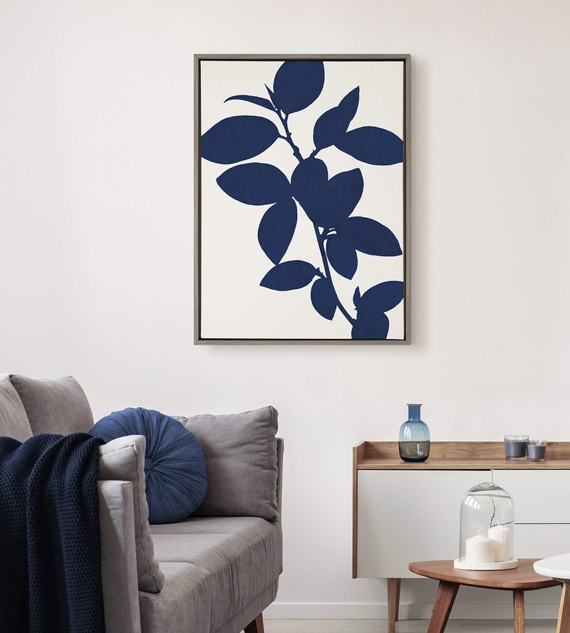 Kate and Laurel Sylvie Classic Blue Botanical Framed on a Linen Textured Canvas Wall Art, 23x33 Gray, Chic Plant Art for Wall