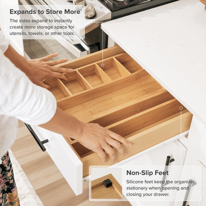 KitchenEdge Adjustable Kitchen Drawer Organizer for Utensils and Junk, Food-Safe Contract Grade with 100% Sustainable Wood, Expandable from 10.5 to 19 Inches Wide - Natural Bamboo