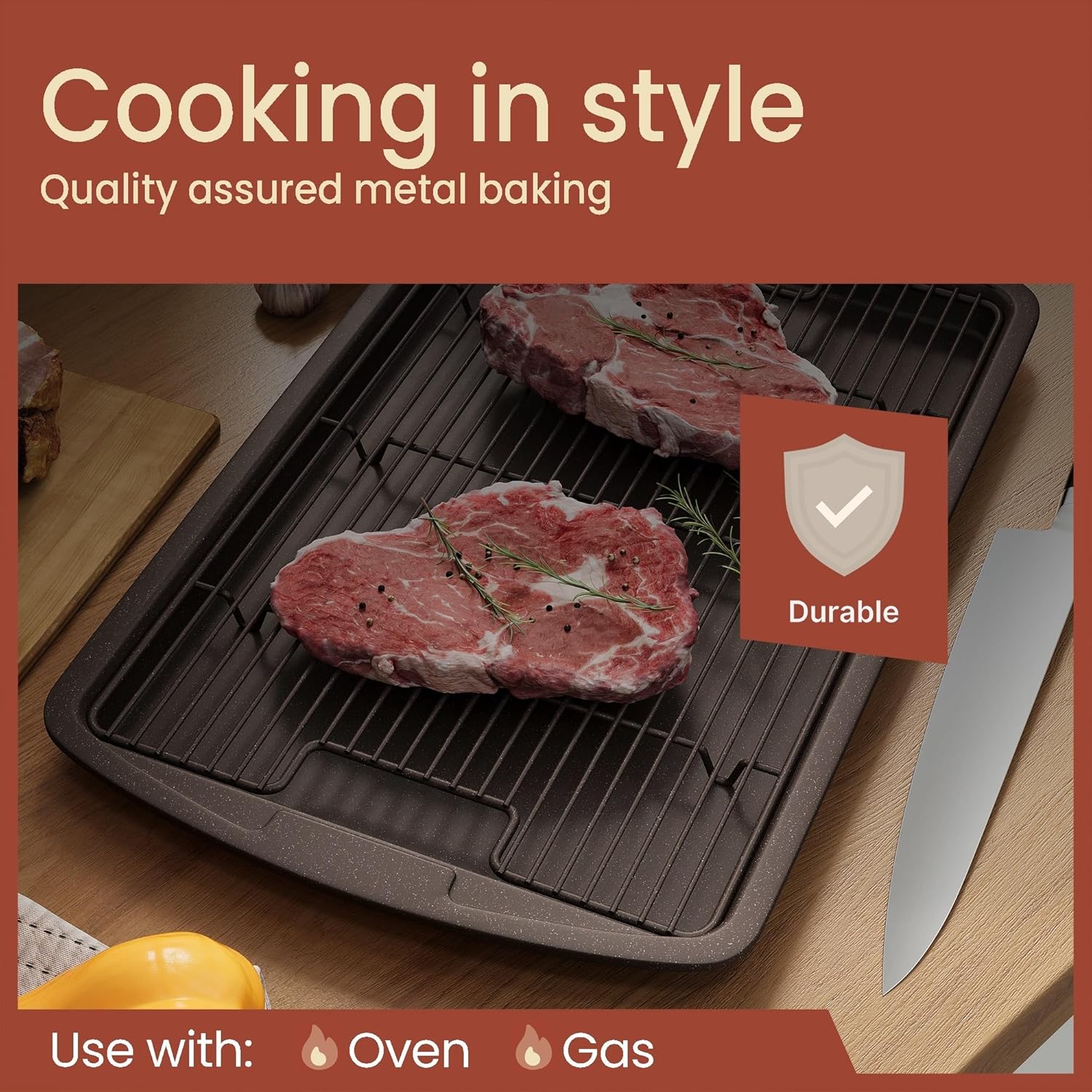 **Brown Marble Cookie Sheet Set by [Brand Name] - Nonstick Carbon Steel Pan & Cooling Rack | Oven Safe Up to 450°F**