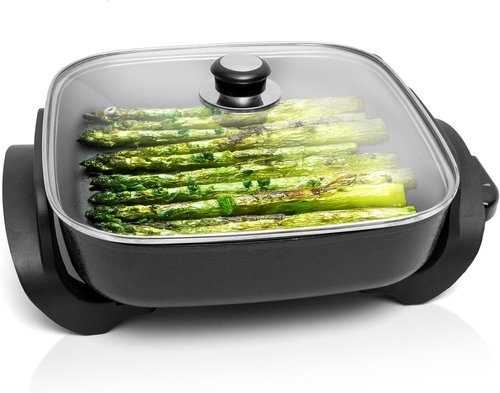 Moss & Stone Electric Skillet - 12x12 Inch Nonstick Frying Pan with Vented Glass Lid & Adjustable Temperature Control