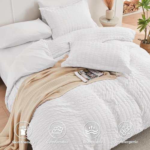 HYMOKEGE Twin Comforter Set - All-Season Luxury 5-Piece Bedding Set in White with Seersucker Design