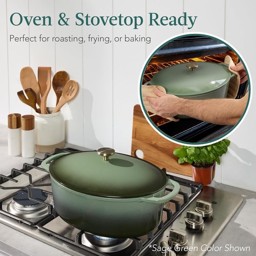 Best Choice Products Oval 7.5 Quart Enamel Cast-Iron Dutch Oven - Heavy-Duty Pre-Seasoned Cooking in Deep Olive Green