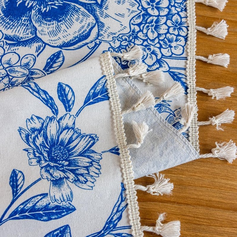 F-CHU Blue Floral Tablecloth Square Cotton Linen Table Cloth with Tassels for Restaurant, Picnic, Indoor and Table Cover Home Decoration 60x60-Inch