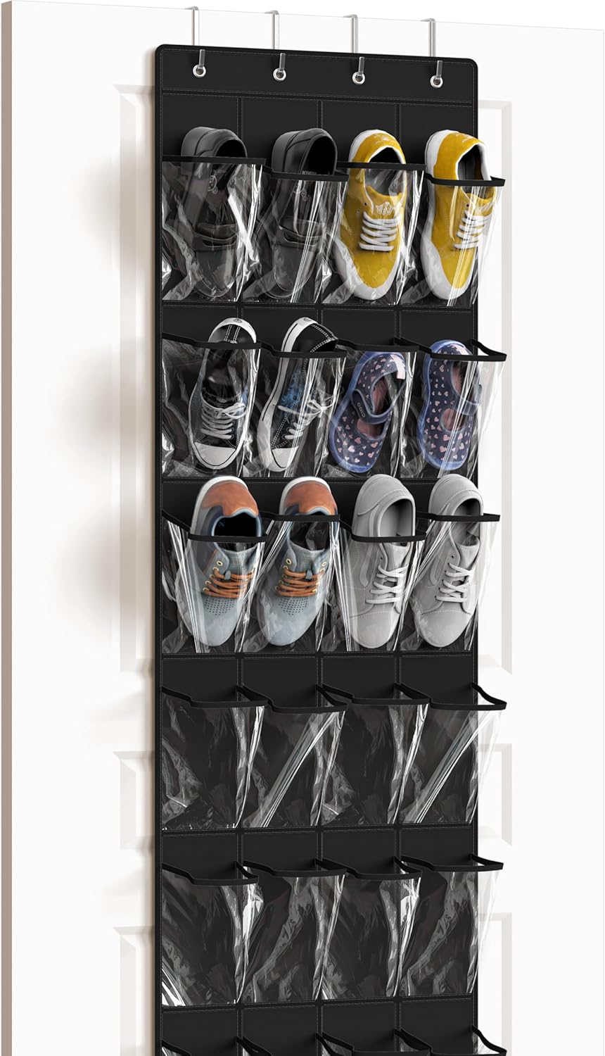 Simple Houseware 24 Pockets - Over The Door Hanging Shoe Organizer | Crystal Clear, Black (64'' x 19'')