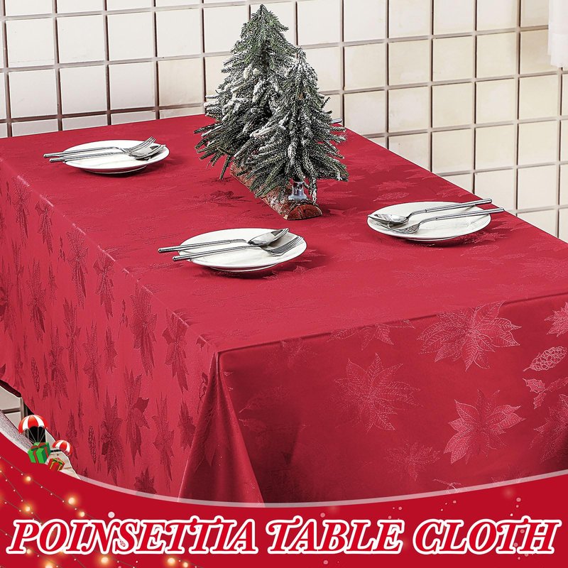 Tegeme Christmas Poinsettia Red Tablecloth Rectangular Reusable Holiday Damask Fabric Table Cloth Jacquard Washable Polyester Spillproof Table Cover for Dinner Xmas Decor(60 x 104 Inch)