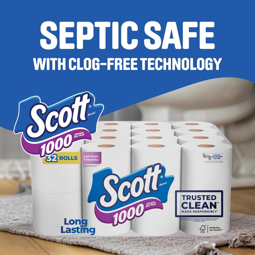 Scott 1000 Toilet Paper - Trusted Clean, Septic-Safe, 1-Ply | 32 Rolls for Ultimate Comfort