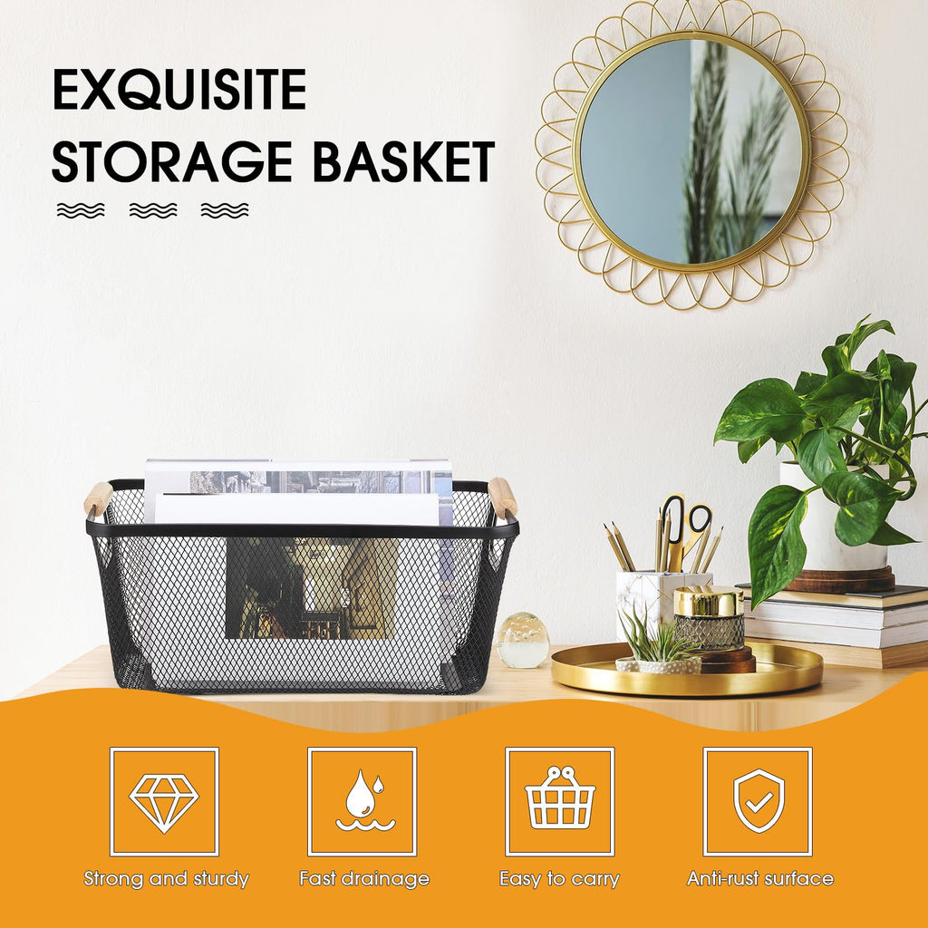 Ziliny 4 Pcs Metal Wire Basket with Wooden Handles Mesh Steel Storage Organizer Bin Containers for Home Organizing Cabinet Pantry Closet Kitchen Fridge Fruit Makeup Snacks Gifts(Large,Black)