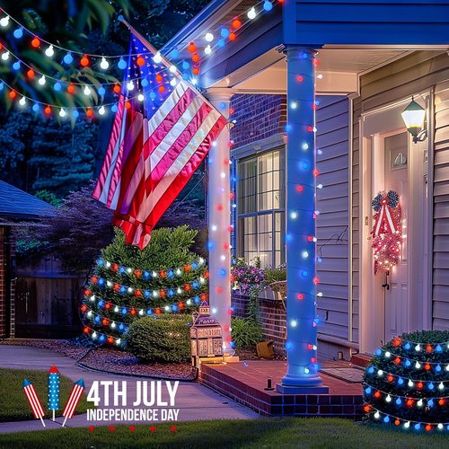 JMEXSUSS 100 LED Connectable Red, White, and Blue String Lights - 33ft Indoor/Outdoor Globe Lights with Remote for 4th of July Decor