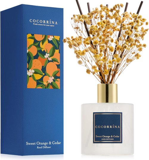 COCORRÍNA Reed Diffuser - Sweet Orange & Cedar | 6.7 Fl. Oz Set with Sticks & Preserved Baby's Breath for Home Decor